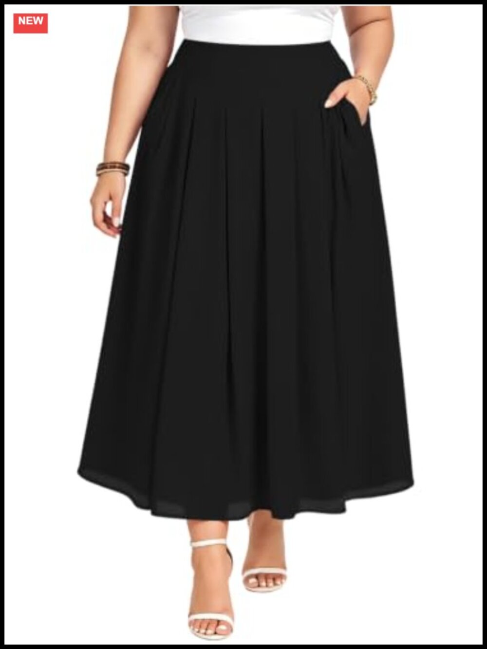 Plus Size High Waist Pleated A-Line Maxi Skirt with Pockets